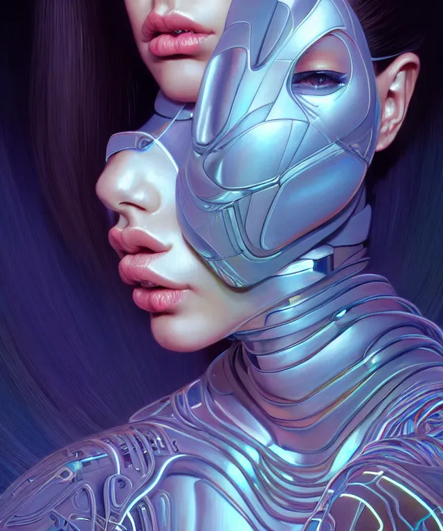 Image similar to Supermodel woman turning into an Android portrait, dark surrealism , scifi, intricate, elegant, long dark hair, highly detailed cybernetic body, neon glowing eyes, digital painting, artstation, concept art, smooth, sharp focus, illustration, art by artgerm and moebius and alphonse mucha