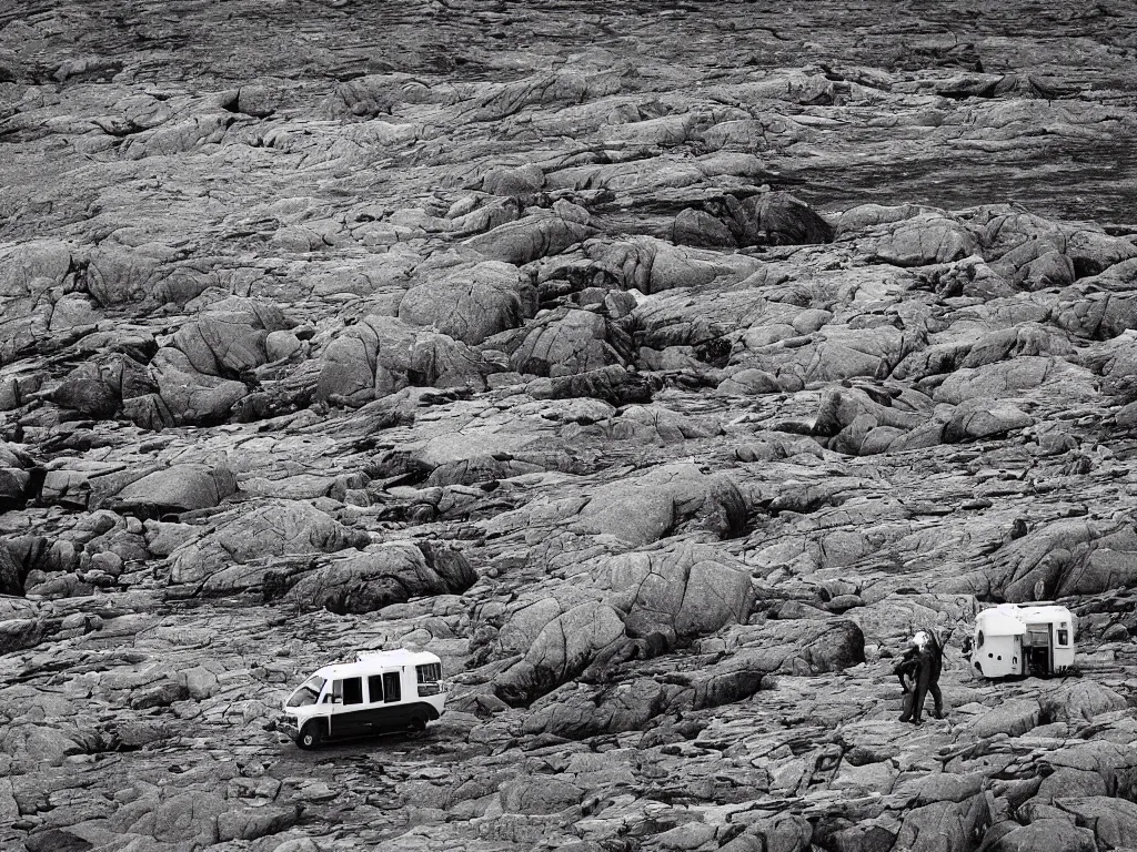 Prompt: tourist astronaut standing in the Isle of Harris, Scotland, a campervan in the background, rocks, hills, remote, 35 mm lens, photorealistic