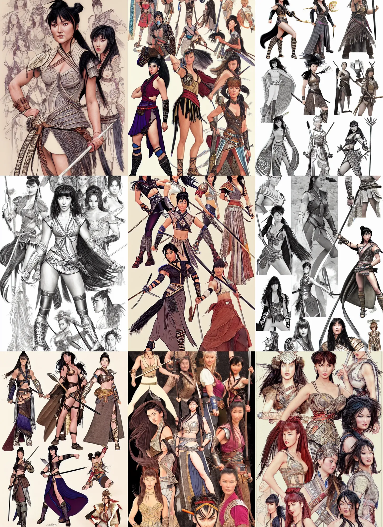 Prompt: detailed pencil fashion spot illustrations of xena warrior princess and mulan crossover, various poses, by burne hogarth, by bridgeman, by anthony ryder, by mucha, cgsociety, artstation.