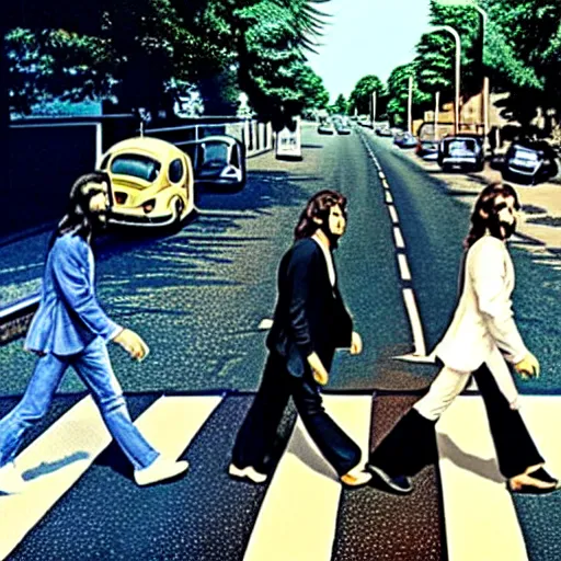 Prompt: the beatles fighting on abbey road