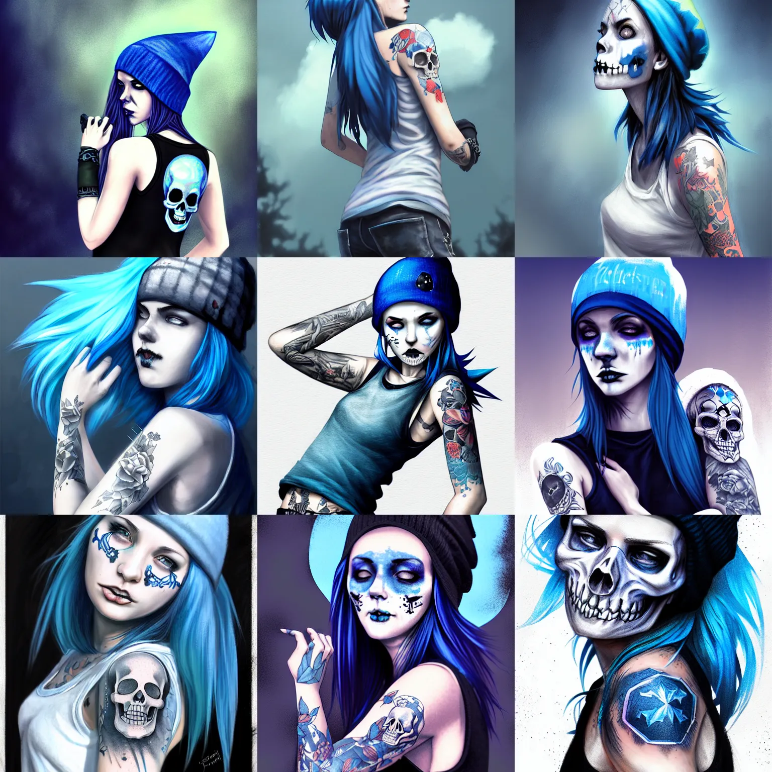 Prompt: blue hair girl , dark blue beanie , tattoo sleeve on her right arm , punk-rocker , white tank top with either a skull , 4k , digital art , illustration , photorealistic , style of Jordan Grimmer and greg rutkowski