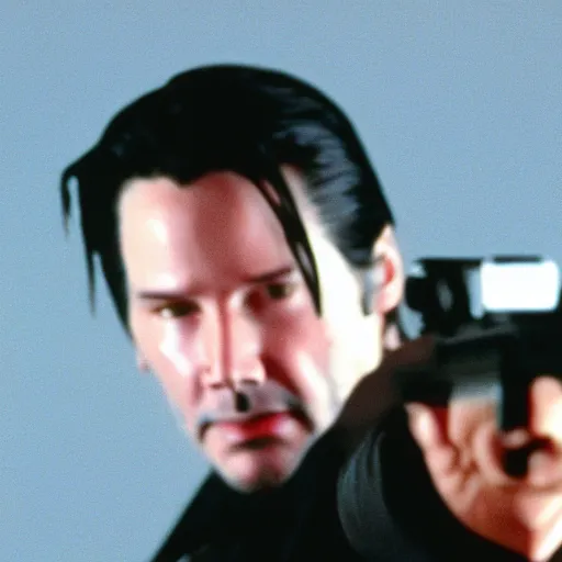 Image similar to beautiful hyperrealism three point perspective film still of Keanu Reeves as neo aiming two uzi at agent smith in a nice oceanfront promenade motorcycle chase scene in Matrix meets ronin(1990) extreme closeup portrait in style of 1990s frontiers in translucent porclein miniature street photography seinen manga fashion edition, miniature porcelain model, focus on face, eye contact, tilt shift style scene background, soft lighting, Kodak Portra 400, cinematic style, telephoto by Emmanuel Lubezki