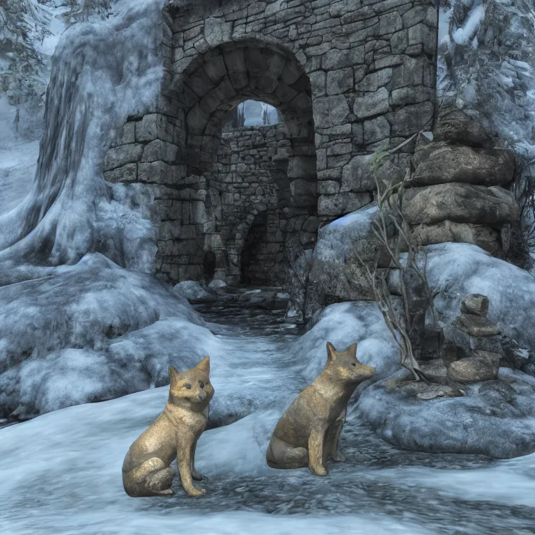 Image similar to an ancient and weathered stone shiba inu statue beside a frozen stream, underneath a nordic arch, skyrim pc screenshot