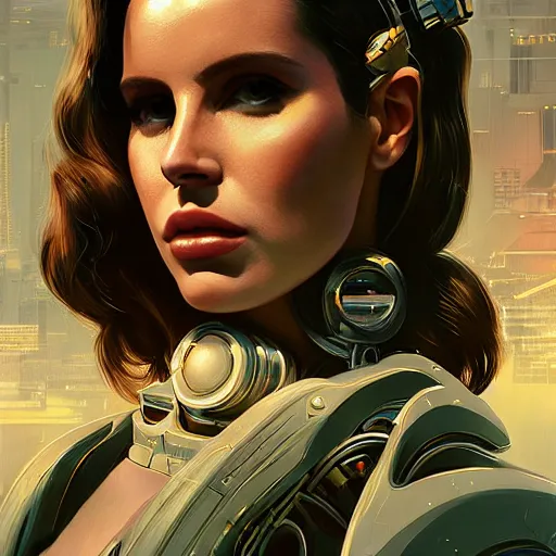 Image similar to portrait of lana del rey as a cyborg. intricate abstract. intricate artwork cyberpunk by tooth wu, wlop, beeple, dan mumford. octane render, trending on artstation, greg rutkowski ruan jia, cinematic, hyper realism, unreal 4, high detail, octane render, 8 k, key art, iridescent accents