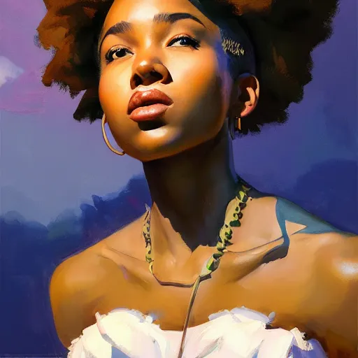 Prompt: Greg Manchess portrait painting of a beautiful 16 year old afropunk blasian character, medium shot, asymmetrical, profile picture, Organic Painting, sunset day, matte painting, bold shapes, hard edges, street art, trending on artstation, by Huang Guangjian and Gil Elvgren and Sachin Teng