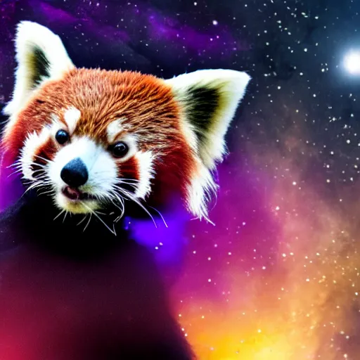 Prompt: Red Panda in space in front of a purple nebula