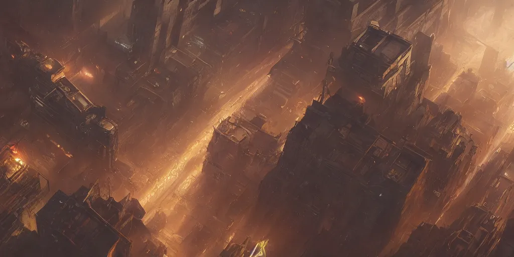 Prompt: a painting of a cinematic keyframe of a cyberpunk dystopian city, arcane league of legends like seen from above, cenital shot, by greg rutkowski, rule of thirds, golden ratio, ambient lighting, wlop, artgerm, artstation, highly detailed masterpiece, dark fantasy art, high detail, trending on artstation