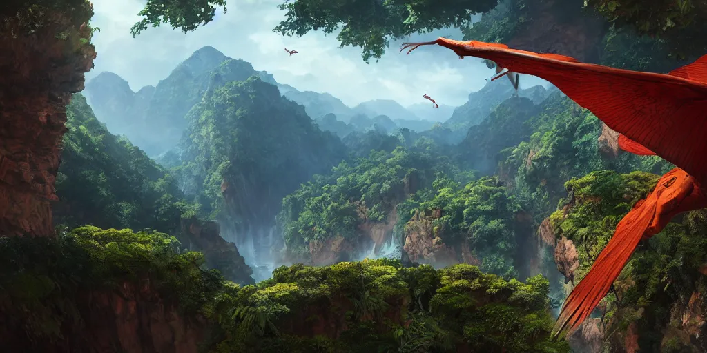 Image similar to wide angle view of swooping (orange red cerulean indigo) pterodactyl, over a deep canyon, mountainous jungle setting, trees, waterfall, river, rocks, dramatic lighting, highly detailed, artstation, unreal engine, matte painting in the style of craig mullins, Uncharted 4, fish eye lens, 8k HDR