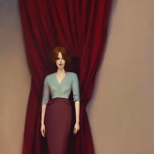 Image similar to beautiful woman in elegant clothing under soft blue light and standing in a burgundy room with vacant stare by edward hopper, arcimboldo, david lynch, greg rutkowski,, trending on artstation