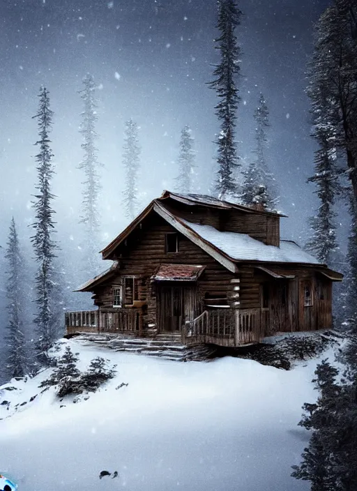 Image similar to an abandoned cabin on the top of a snowy mountain, new moon, greg rutkowski, 8 k, shallow depth of field, intricate detail, concept art,