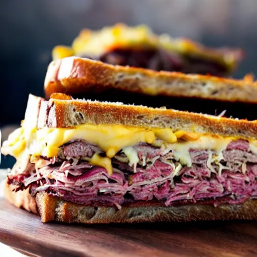 Image similar to a photograph of a rueben sandwich filled with so much cornbeef - pastrami that the sandwich is 5 times taller than other sandwiches, it looks mouth watering with melting cheeses and grilled onions, 1 0 0 0 island dressing and pumpernickle bread cooked to perfection, food photography
