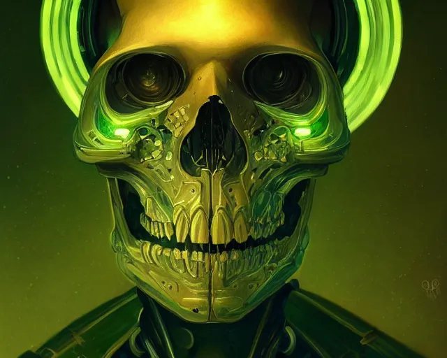 Image similar to portrait of a cybernetic skeleton, bottom up green lighting, deep focus, d & d, fantasy, intricate, elegant, highly detailed, digital painting, artstation, concept art, matte, sharp focus, illustration, hearthstone, art by artgerm and greg rutkowski and alphonse mucha