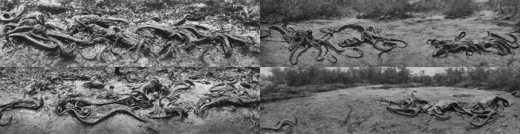 Prompt: wide angle river, low angle panorama scary unproportionable dead body of octopus on side of the tribal river, heavy vignette, dramatic dark ,1900s picture