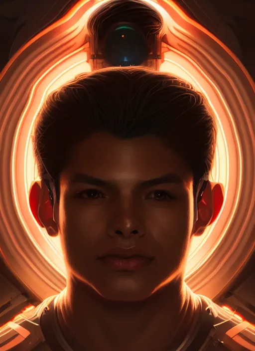 Image similar to symmetry portrait of a handsome young peruvian man, sci - fi, tech wear, glowing lights intricate, elegant, highly detailed, digital painting, artstation, concept art, smooth, sharp focus, illustration, art by artgerm and greg rutkowski and alphonse mucha