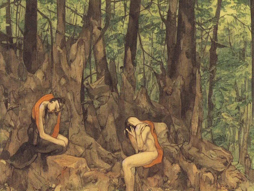 Image similar to Long shot of a sad harlequin demon sitting in the forest on a tree stump and crying. A beautiful Czech mid-century illustration by Puvis de Chavannes