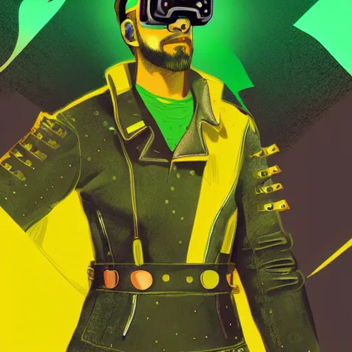 Prompt: cyperpunk samurai, wearing leather jacket covered in studs, vr goggles, subway, green and yellow palette by josan gonzales