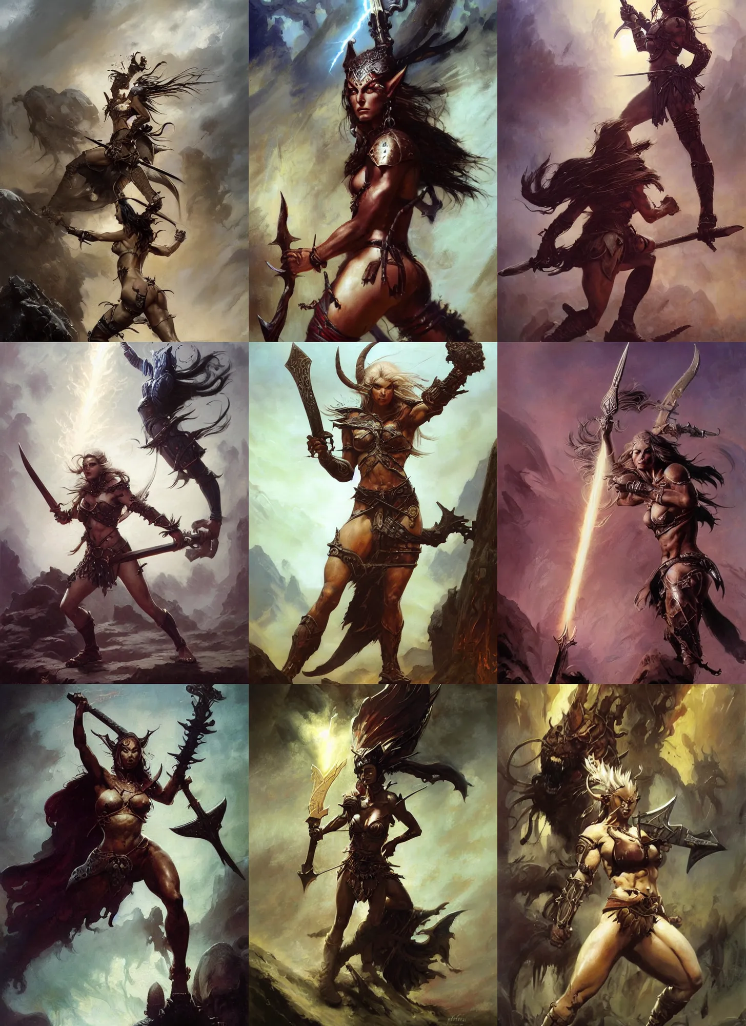 Prompt: A full portrait oil painting of a berserker woman holding a claymore above her head an running into battle, elven goddess, by Frank Frazetta, Greg Rutkowski, Boris Vallejo, epic fantasy character art, Exquisite detail, post-processing, low angle, masterpiece, cinematic, lightning