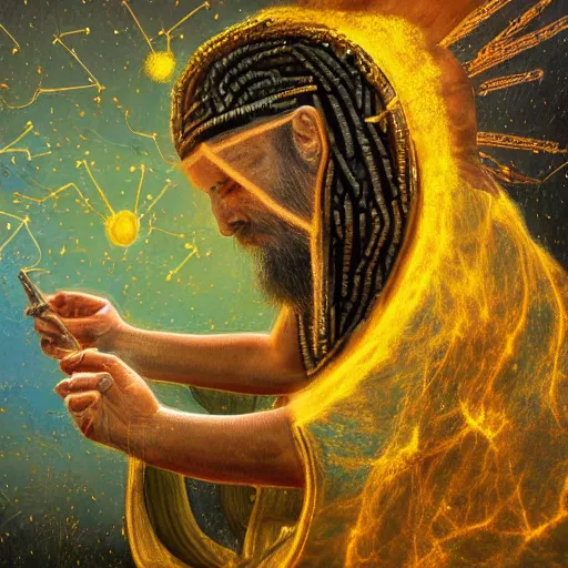 Prompt: mythological Greek Athenian Shaman of artificial intelligence creating an artificial neural network with yellow synapses on an anvil at dawn, high resolution, award winning art, trending on art station, sharp image, incredibly detailed, detailed character realistic painting