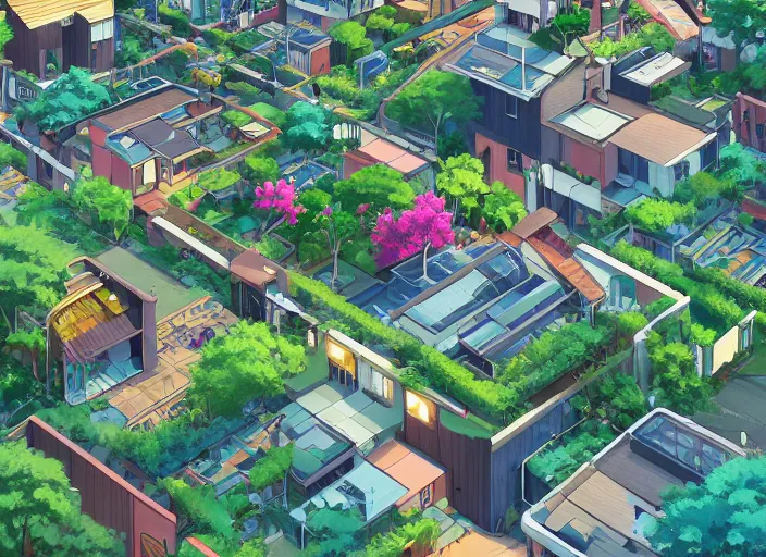 Image similar to digital illustration of idyllic suburban neighborhood with rooftop gardens and sustainable energy initiatives + single family homes : : modern architecture by makoto shinkai, ilya kuvshinov, lois van baarle, rossdraws, basquiat | afrofuturism, in the style of hearthstone, trending on artstation | cool color scheme