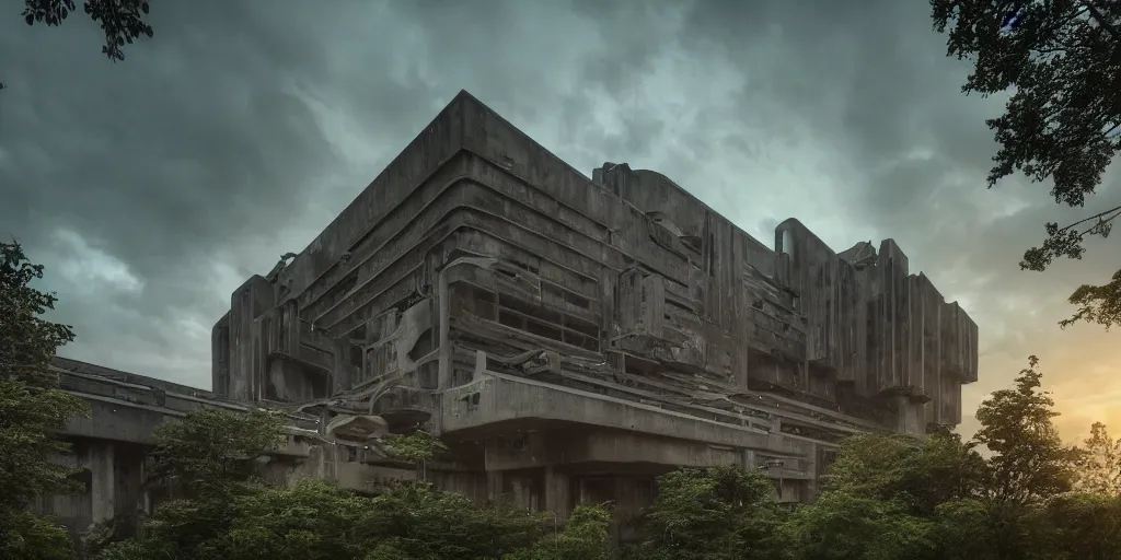 Image similar to an extremely detailed cathedral of brutalist architecture, surrounded by lush green forest, accurate reflections in murky ponds of water, stunning volumetric lighting, sunset, rusted steel, smooth concrete, stunning skies, trending on Artstation, 8k, photorealistic, hyper detailed, unreal engine 5, IMAX quality, cinematic, epic lighting, in the style of Doom and Greg Rutkowski