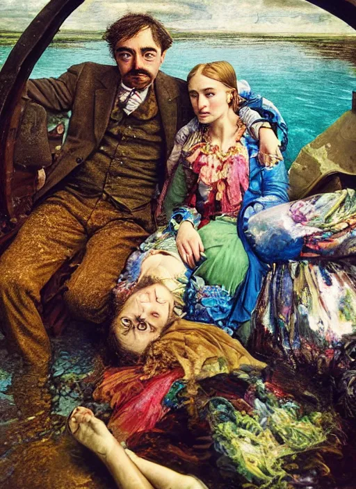 Image similar to detailed colourful masterpiece of photography by anne leibovitz couple portrait sat down extreme closeup, love, inside an underwater train, detailed realistic expressions, wearing unusual clothes, tsunami, by ford madox brown and william powell frith