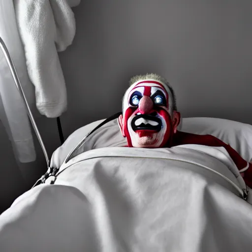 Image similar to delirious elderly clown supine in hospital bed, strapped into bed with restraints, trying to get out but unsuccessful, photograph, 8 k