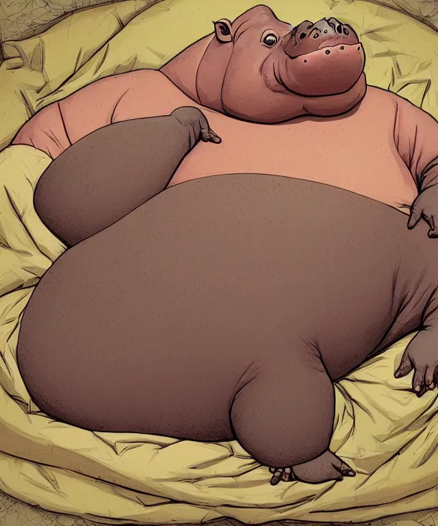 Image similar to tired humanoid hippo lying in bed, closeup, centered composition, digital painting, artstation, concept art, kids book illustration, sharp focus, octane render, illustration, art by geof darrow,