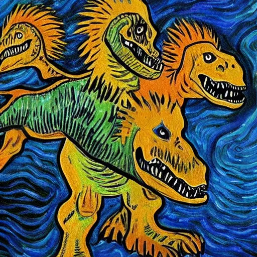 Prompt: dinosaurs tribe painted by van gogh