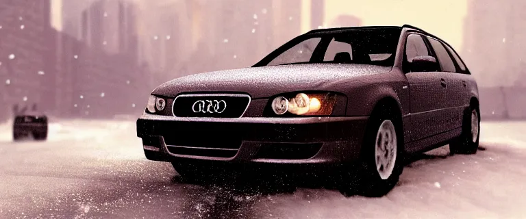 Image similar to Audi A4 B6 Avant (2002), a gritty neo-noir, dramatic lighting, cinematic, eerie person silhouette, death, homicide, homicide in the snow, gunshots, establishing shot, extremely high detail, photorealistic, cinematic lighting, artstation, by simon stalenhag, Max Payne (PC) (2001) winter new york at night, In the style of Max Payne 2 graphic novel, by Saku Lehtinen, flashing lights, Poets of the Fall - Late Goodbye