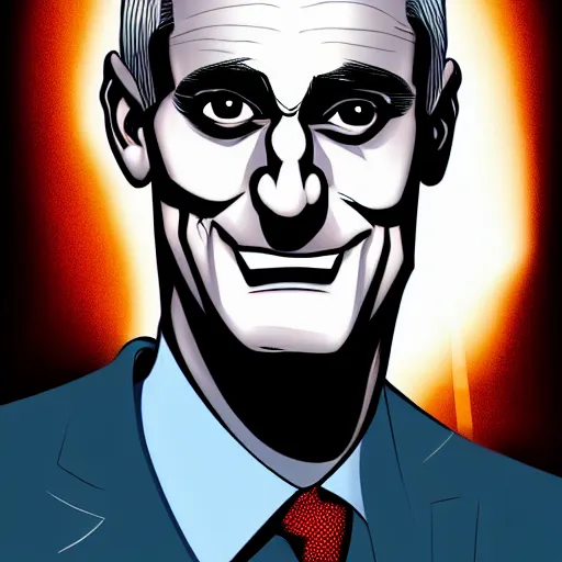Prompt: digital portrait of secretary of denis mcdonough face with solid glowing eyes, cover art of graphic novel, evil laugh, menacing, Machiavellian puppetmaster, villain, simple style, solid colors, clean lines, clean ink, trending on artstation