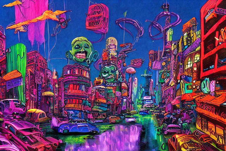 Image similar to surreal colorful nightmarish cityscape, artwork by ralph bakshi