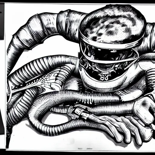 Image similar to ultra precise fineliner drawing of a machine which embeds a man inside a squid, minimal injury, maximal squidification. black marker pen on white gloss paper. gallery quality, winner of nobel prize for insanity