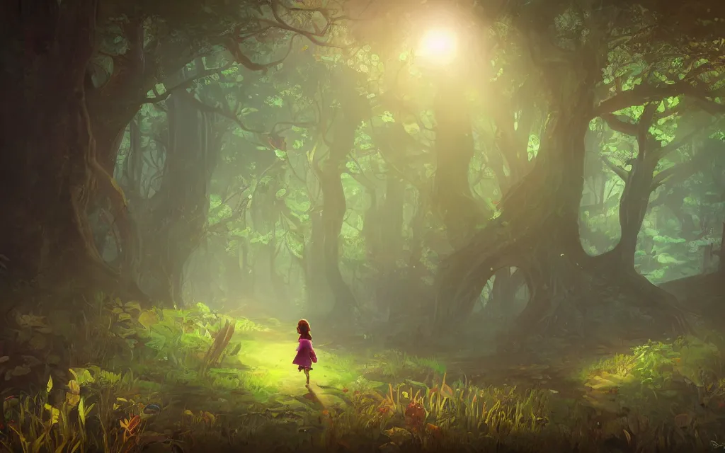 Prompt: little girl walking in an ancient forest, complementary colors, ruins, fantasy art, indie game art, dynamic lighting, artstation, volumetric lighting