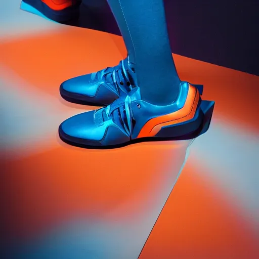 Prompt: futuristic blue and orange metallic sneakers based off bmw 8 i, insanely integrate, award winning photo for fashion magazine, studio light