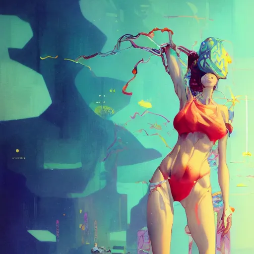 Image similar to surreal gouache painting, by yoshitaka amano, by ruan jia, by conrad roset, by kilian eng, by good smile company, detailed anime 3 d render of a pretty anime girl in bikini, portrait, cgsociety, artstation, modular patterned mechanical costume and headpiece, retrowave atmosphere