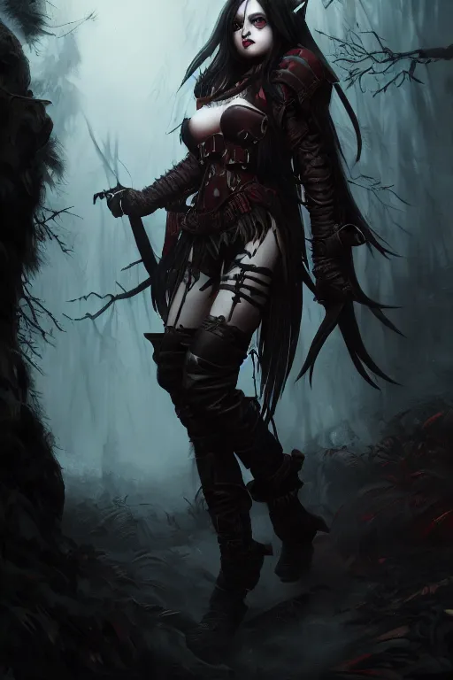Prompt: dramatic atmospheric dark forest scenery, girl with vampire-fangs in hide leather armor, hyperdetailed, artstation, cgsociety, 8k