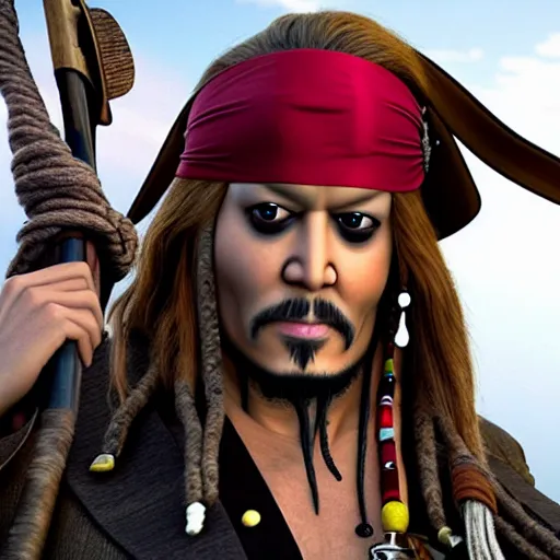 Prompt: donald trump cast as captain jack sparrow, still from pirates of the caribbean movie, hyperrealistic, 8 k, octane render,