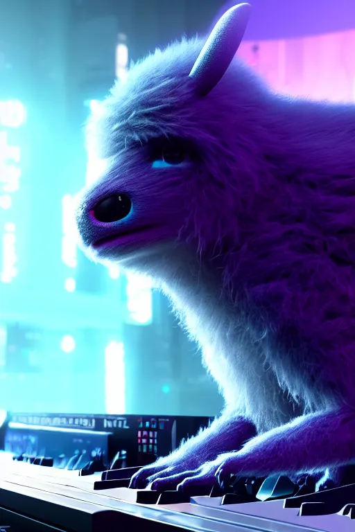 Prompt: high quality 3 d render sci - fi very cute neuromancer fluffy! mutant cow hybrid! playing keyboard, highly detailed, unreal engine cinematic smooth, in the style of blade runner & detective pikachu, hannah yata charlie immer, moody blue light, low angle, uhd 8 k, sharp focus