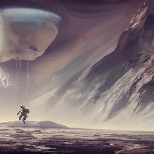 Image similar to astronaut falling through the clouds in jupiter, by cedric peyravernay, highly detailed, excellent composition, cinematic concept art, dramatic lighting, trending on artstation