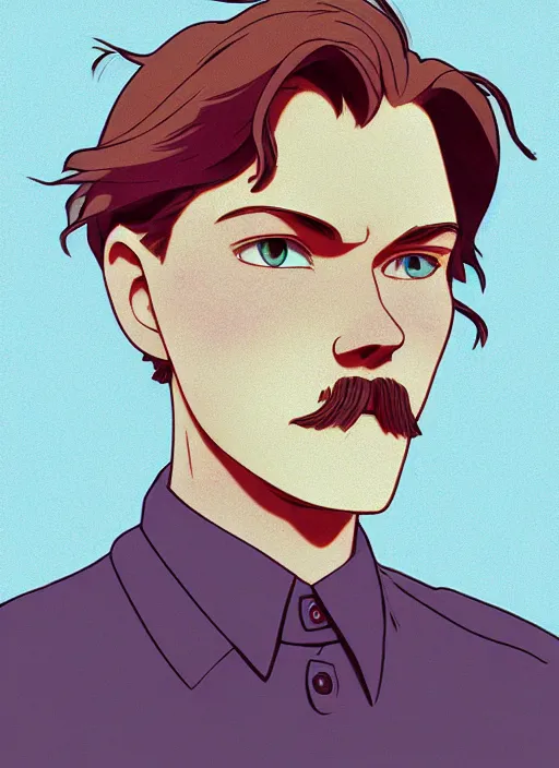 Image similar to art young lenin with razor blade, light blue eyes, pale skin, freckles, sad expression, t - shirt, modern casual clothing, natural lighting, path traced, highly detailed, high quality, cartoon, digital painting, by don bluth and ross tran and studio ghibli and alphonse mucha