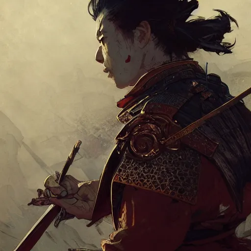 Image similar to A samurai in battle, D&D, fantasy, intricate, cinematic lighting, highly detailed, digital painting, artstation, concept art, smooth, sharp focus, illustration, art by Akihiko Yoshida, Greg Rutkowski and Alphonse Mucha