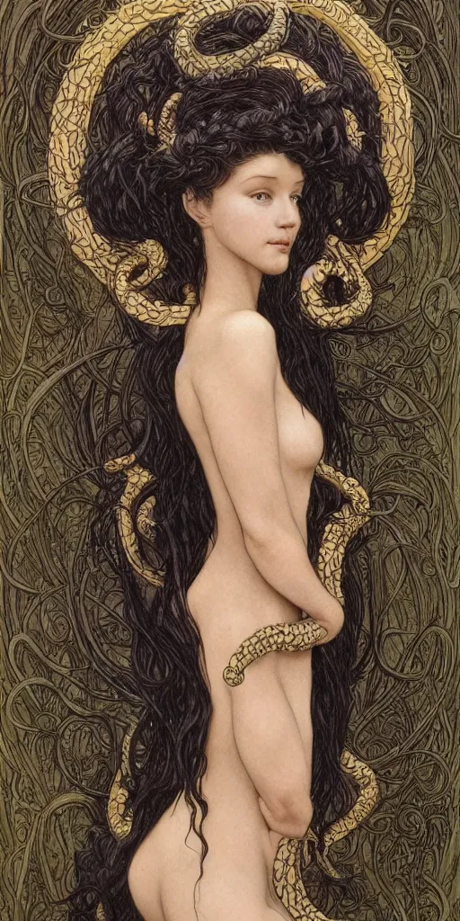 Prompt: a beautiful hyperrealistic portrait pose of a stunning Medusa model in a black glossy scaled dress, intricate, elegant, highly detailed, smooth, sharp focus, award-winning, masterpiece, in the style of Moebius, Brian Froud, John Bauer, Alphonse Mucha