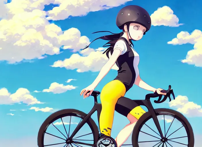 Image similar to portrait of cute girl riding road bike, sunny sky background, lush landscape, illustration concept art anime key visual trending pixiv fanbox by wlop and greg rutkowski and makoto shinkai and studio ghibli and kyoto animation, symmetrical facial features, sports clothing, yellow helmet, nike cycling suit, backlit, aerodynamic frame, realistic anatomy