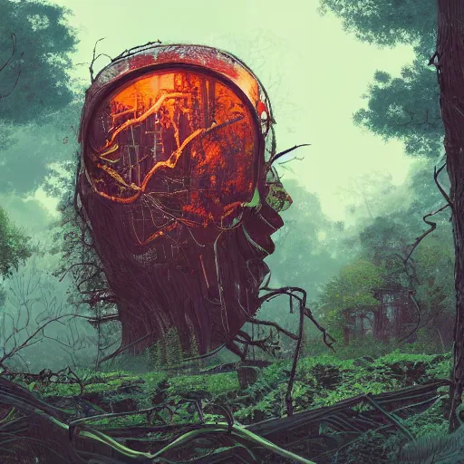 Image similar to in the style of ghostshrimp and laurie greasley a giant decaying robot head in an enchanting and lush forest that has been turned into a quaint house, highly detailed, 8k wallpaper