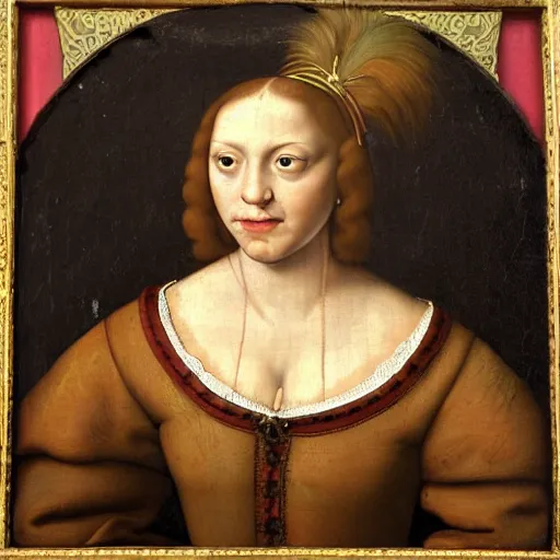 Image similar to a renaissance style portrait painting of human-chicken