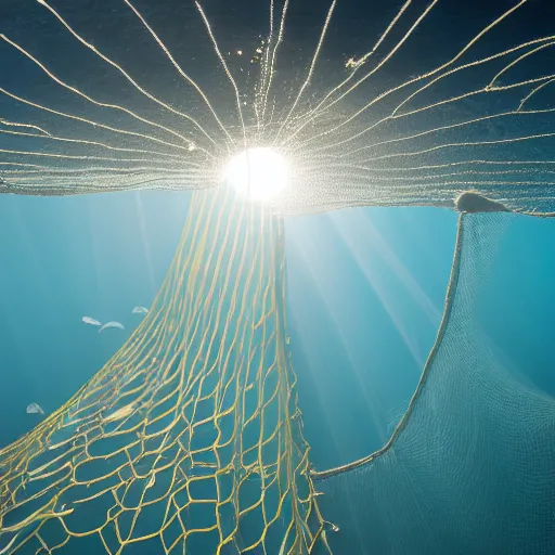 Prompt: view of a trawl net passing over the seafloor at eyeline, rays of sunlight passing through the water