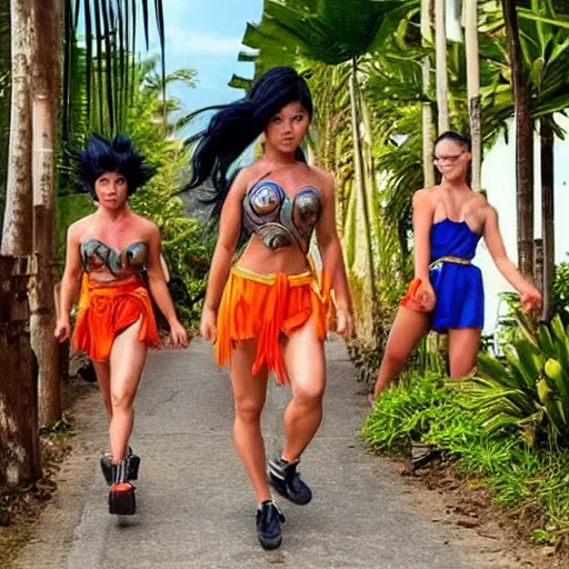 Image similar to Saiyan warrior girl, muscular girl, wild spiky black electrified hair, wearing kung fu uniform, walking through Bali, 1977, tropical palm trees, colorized