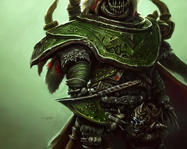 Prompt: a mind - blowing portrait of a goblin chieftain, wearing a skeleton armor, green, sword and shield, riding a black goat, deep focus, d & d, fantasy, intricate, elegant, badass, highly detailed, digital painting, artstation, concept art, matte, sharp, illustration, hearthstone, art by artgerm and greg rutkowski and alphonse mucha