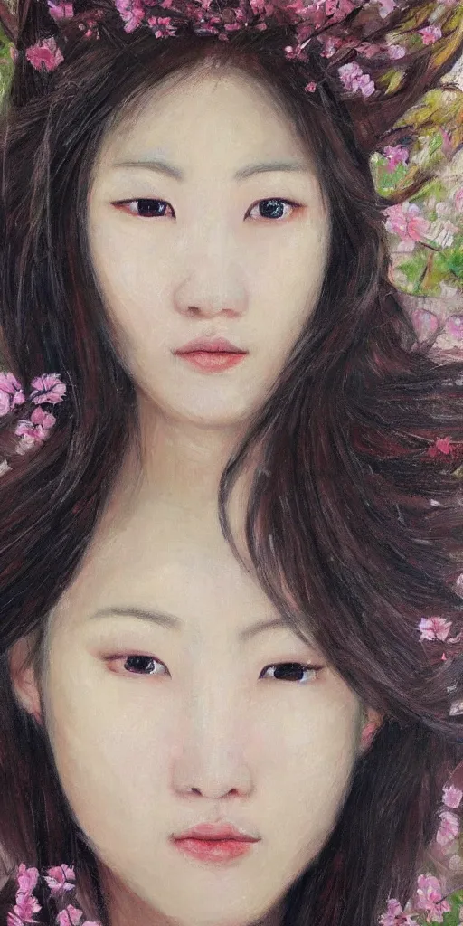 Image similar to beautiful highly detailed and expressive oil painting of a korean woman's face dissolving into petals, masterpiece, dynamic lighting,