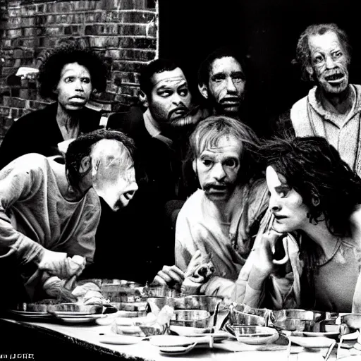 Image similar to Award Winning Editorial Masterpiece picture of a Tramps in a new York Soup Kitchen by David Bailey CBE, The Last Supper